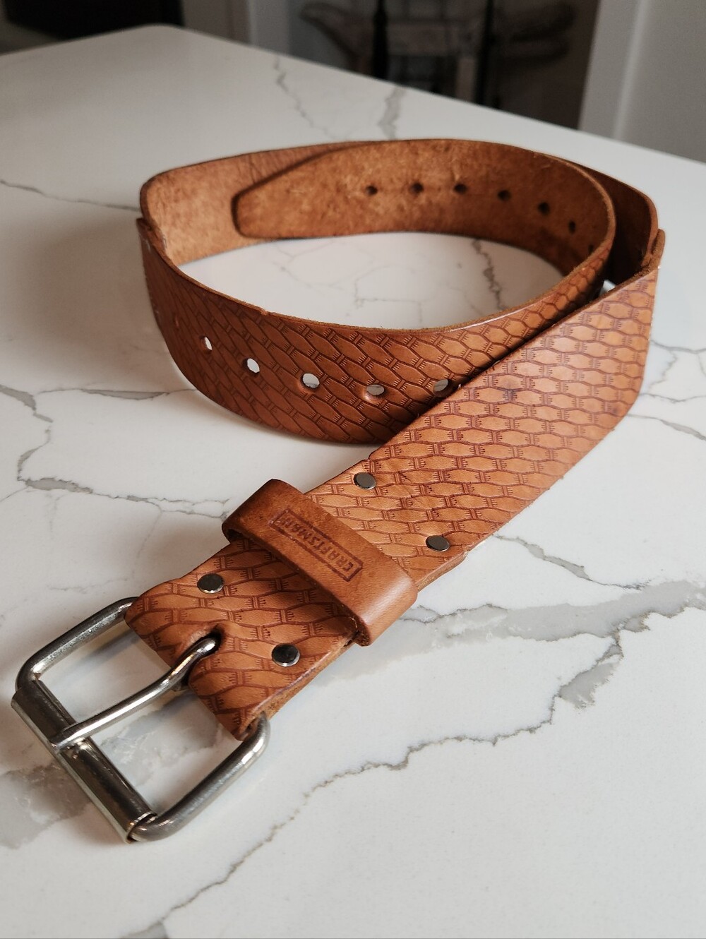 Craftsman Heavy Duty Leather Work Belt – Embossed Basketweave, Tan